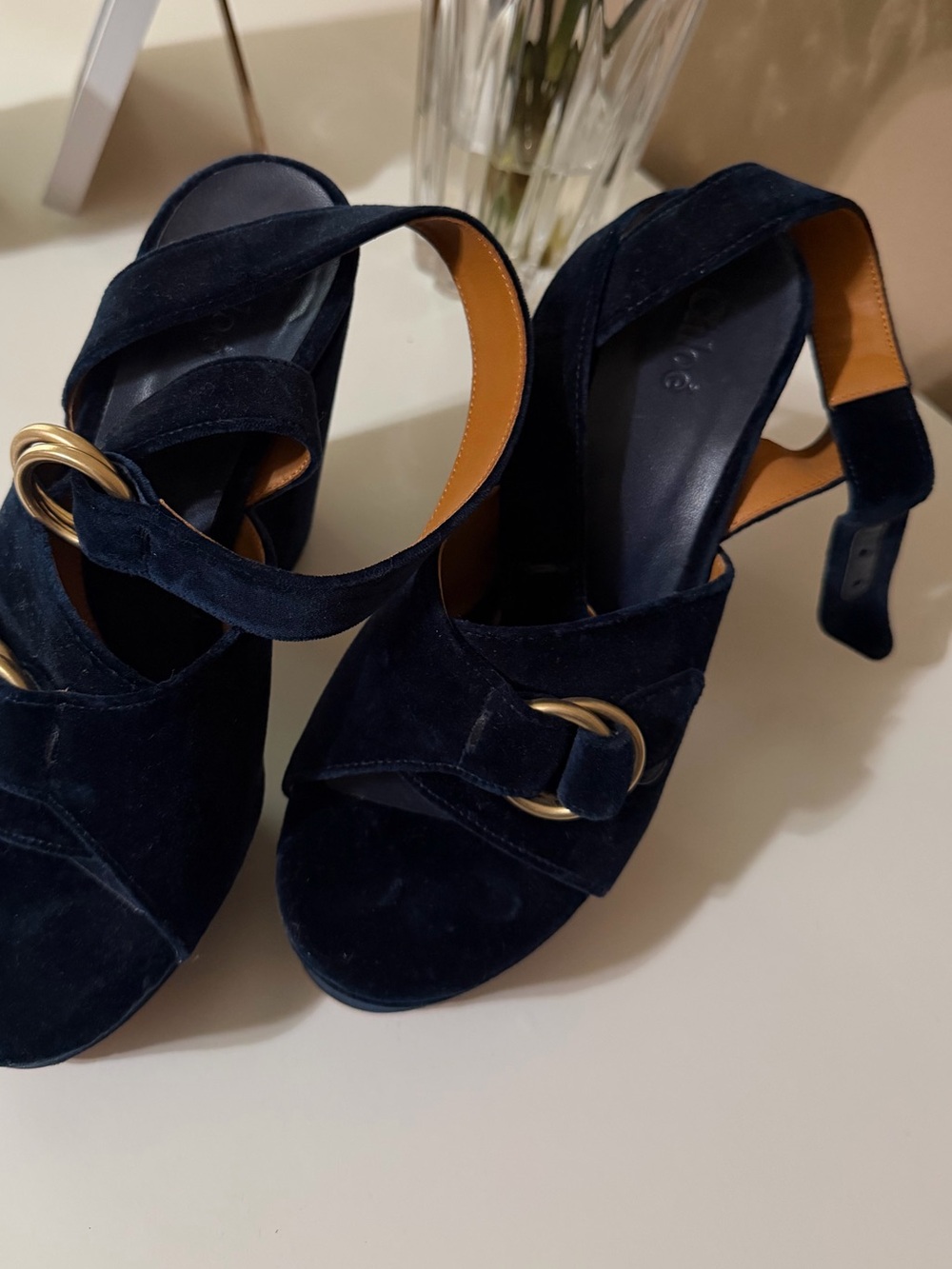 Chloe Navy Suede Platform Heel Sandals with Gold Buckle